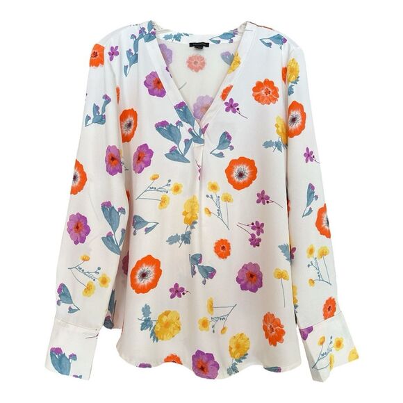 Ann Taylor Multi Color Long Sleeve Floral Mixed Media Pleat Front Blouse Size M - Picture 3 of 8